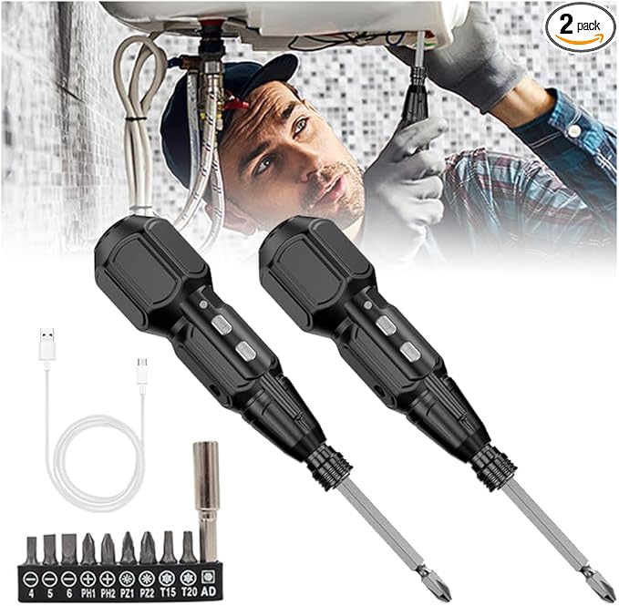 Electric Screwdriver Cordless Rechargeable Power Screwdriver Set, Portable Automatic Home Repair Tool Kit with LED Lights & USB Charging Cable for Men (2PCS)