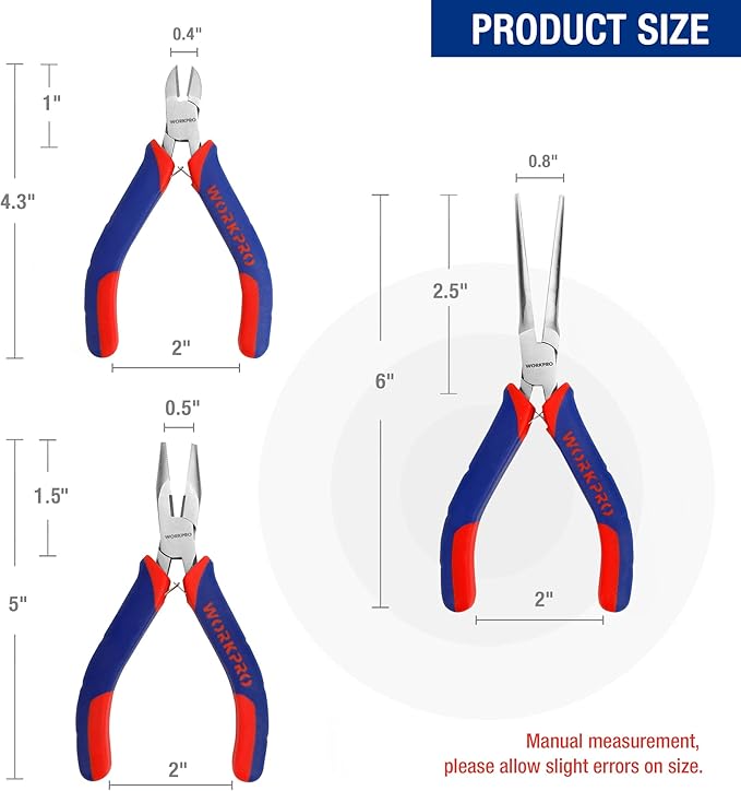 WORKPRO Mini Pliers Set, 3-Piece Small Pliers Tool Kit Includes 4” Diagonal Plier, 5” Long Nose Plier, 6” Needle Nose Plier, for Making Crafts, Repairing Electronic Devices