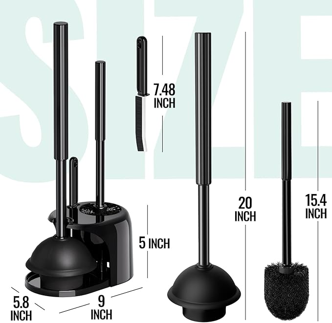 3 in 1 Toilet Brush and Plunger Set with Crevice Cleaning Brush, Toilet Plunger and Brush Set with Extra Long Handle, Plungers for Bathroom Accessories, Toilet Plunger with Holder, Black