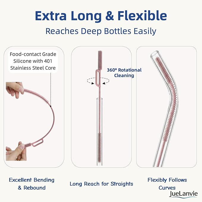 2-in-1 Dual-Head Straw Brush, Silicone Cleaning Brush for Straws & Lid Gaps, Long Flexible for Tumblers & Bottles, Non-Slip Handle, No-Scratch, 2 Pack (6mm & 9mm), Durable & Reusable (Dusty Rose)
