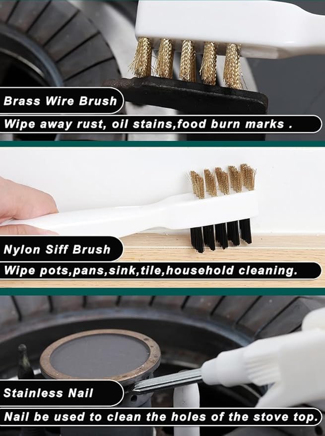 Kitchen Stove Cleaning Brush + Scraper Tool Set, Brass Wire Brushes for Range Hood Grease Grime, Rust Cleaner Heavy Duty Stainless Steel Putty Scraper for Gas Burners Cooktop Pot Pan