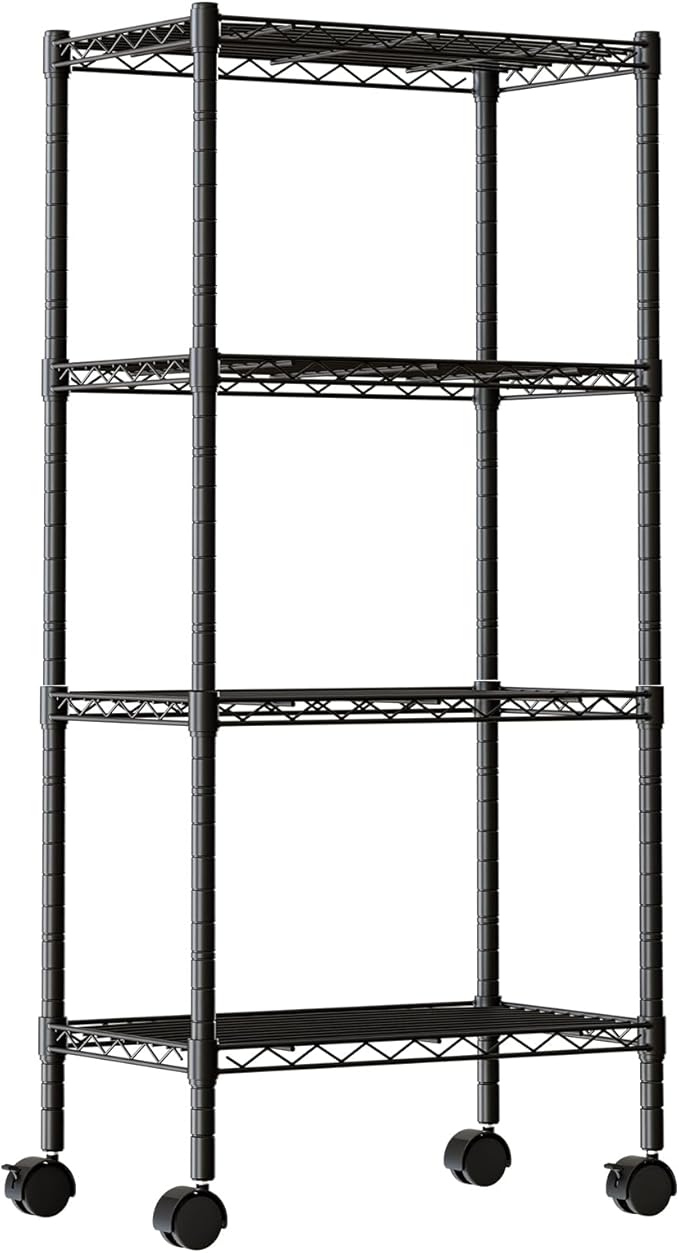 DUMOS 4 Tier Metal Shelving, Heavy Duty Shelves Wire Shelving Unit with Removable Wheel Casters, Shelves Organizer for Bathroom Garage Living Room Kitchen Pantry Laundry Black