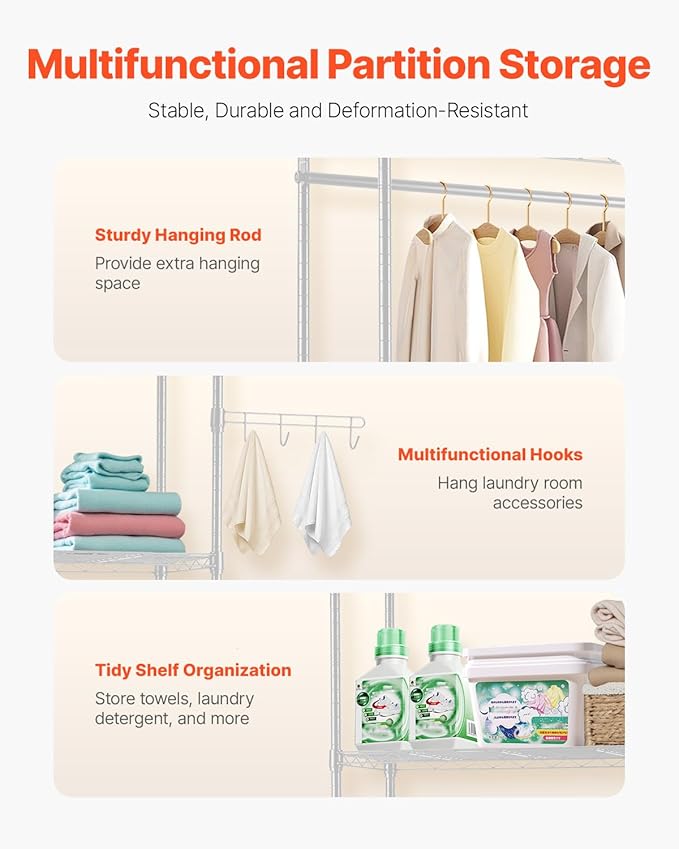 VEVOR Over The Washer and Dryer Storage Shelf, 6 Tier Laundry Room Drying Rack with Hanger Rod and Hooks, Adjustable Over Washer and Dryer Shelves, Laundry Room Shelf Storage Space Saver, White