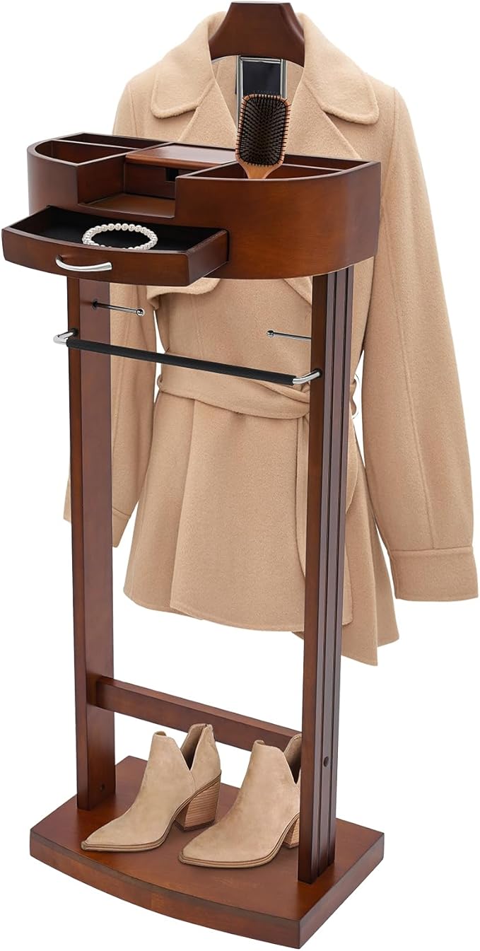 Valet Stand for Man and Women, Wood Suit Rack Suit Valet Stand with Top Tray, Storage Drawer, Bottom Shoe Rack, Freestanding Clothes Rack for Living Room, Entryway, Bedroom, Office, Black (Brown)