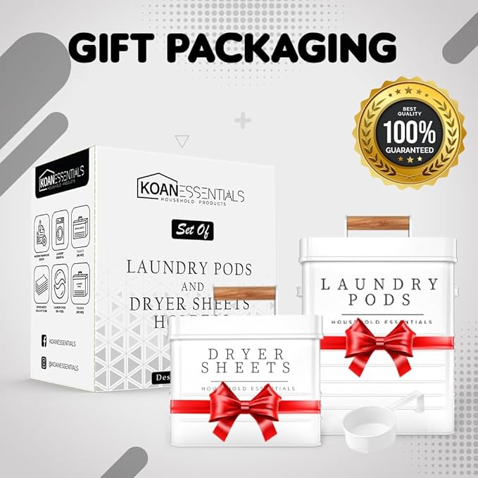 KOANEssentials Farmhouse Metal Laundry Pods Container with Dryer Sheet Holder for Laundry Room Organization and Storage, Farmhouse Decor, Eco Frendly,Holds 200 Laundry Pods and 300 Dryer Sheets