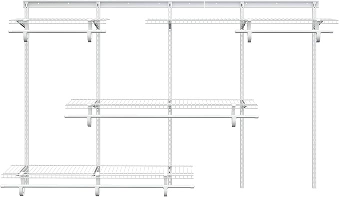 PROWORX 5-8 Ft Closet Organizer System, White Adjustable Custom Metal Wire Shelving Wall Mounted, Expandable Organization and Storage Shelf Kit with Hanging Rods
