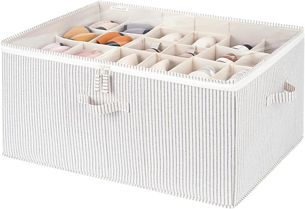 StorageWorks Shoe Organizer for Closet, Fits up to 24 Pairs, Shoe Cubby Storage Containers with Adjustable Dividers and Clear Cover, Khaki and Beige Stripes