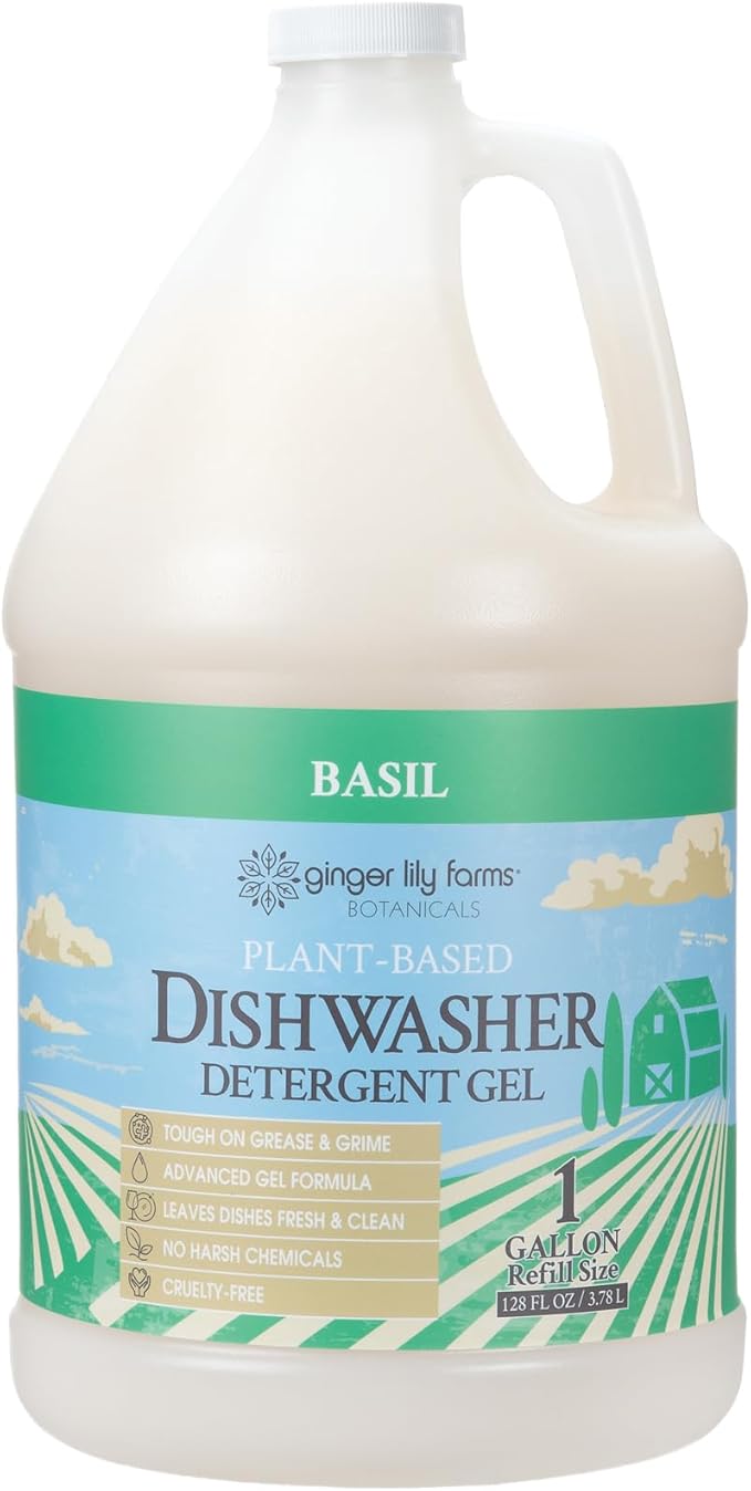 Ginger Lily Farms Botanicals Plant-Based Dishwasher Detergent Gel, 100% Vegan & Cruelty-Free, Basil Scent, 1 Gallon Refill (Pack of 4)