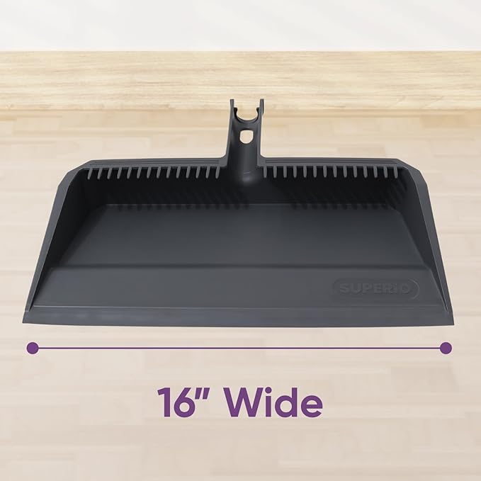 Superio 3-Pack Wide Plastic Dustpan with Comb - 16" Wide, Rubber Lip, Broom Handle Clip, Grey