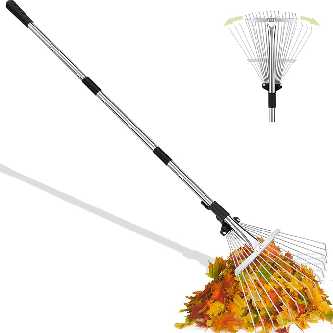 68" Heavy Duty Rake, Metal Leaf Rake with Detachable Handle, Garden Rakes for Leaves with Expandable Tines,Leaf Collector, Rakes for Lawns Heavy Duty Leaves, Debris