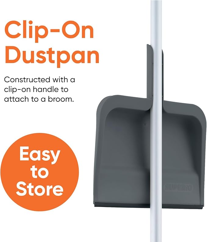 Superio Clip-On Dustpan with Rubber Lip - 10-inch Wide Durable Plastic Dust Pan with Comfort Grip Handle, Lightweight Multi Surface, Heavy Duty, Easy Sweep Broom Gray