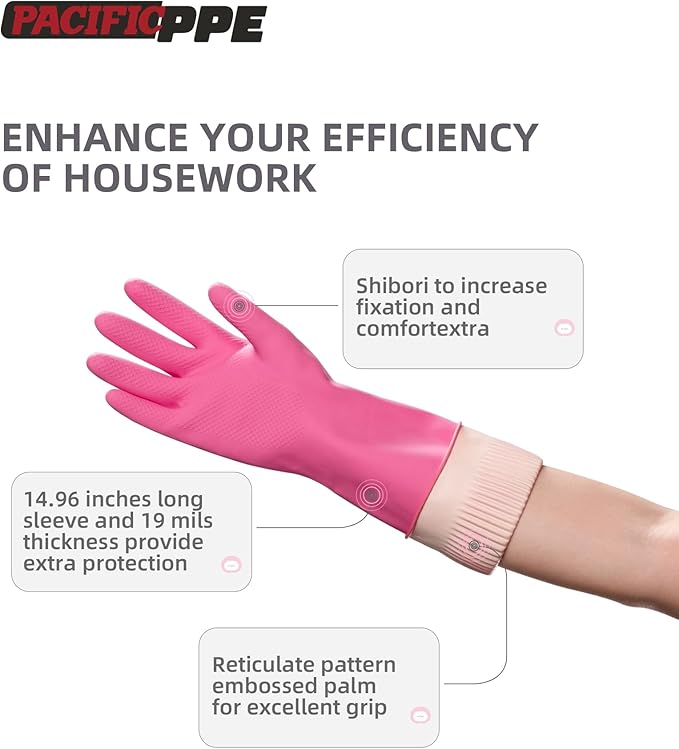 PACIFIC 2 Pairs Reusable Rubber Gloves for Washing Dishes and Cleaning Tasks, Water Resistant Household Gloves for Kitchen Bathroom, Grippy Latex Dish Washing, Pink, Large