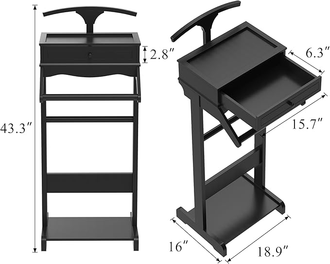 Brefhome Luxury Mens Valet Stand with Storage Drawer & Jewelry Tray, Executive Wooden Clothes Rack for Men Women, Garment Organizer for Suit, Tie, Pant, Watch & Phone, Black (Tray + Drawer)