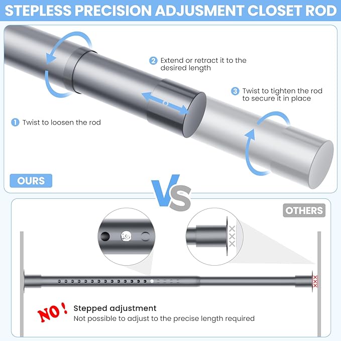 Closet Rods for Hanging Clothes, 17 to 99 Inches No-Cut Stepless Adjustable Closet Rod, 1.3 Inches Expandable Metal Heavy Duty Closet Hanging Rod for Closet Wardrobe Bathroom Laundry RV, Silver