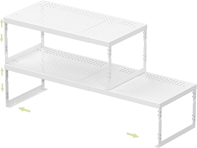 Jojocross Adjustable Stackable Metal Storage Shelf Organizer - Expandable Wire Rack with Perforations for Kitchen, Pantry, Bathroom, Cabinet & Office-Compact, Durable & Sturdy (2PACKS/Large/White)