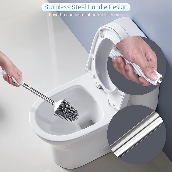 Sellemer Toilet Brush and Holder Set for Bathroom, Flexible Toilet Bowl Brush Head with Silicone Bristles, Compact Size for Storage and Organization, Ventilation Slots Base (3 Pack, White)