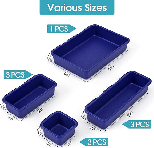 10 PCS Drawer Organizer Set, 4 Size Makeup Drawer Divider Organizer With Non-Slip Pads, Interlocking Plastic Storage Bins for Office,Jewelry Vanity,Gadgets, Bathroom,Kitchen, Navy