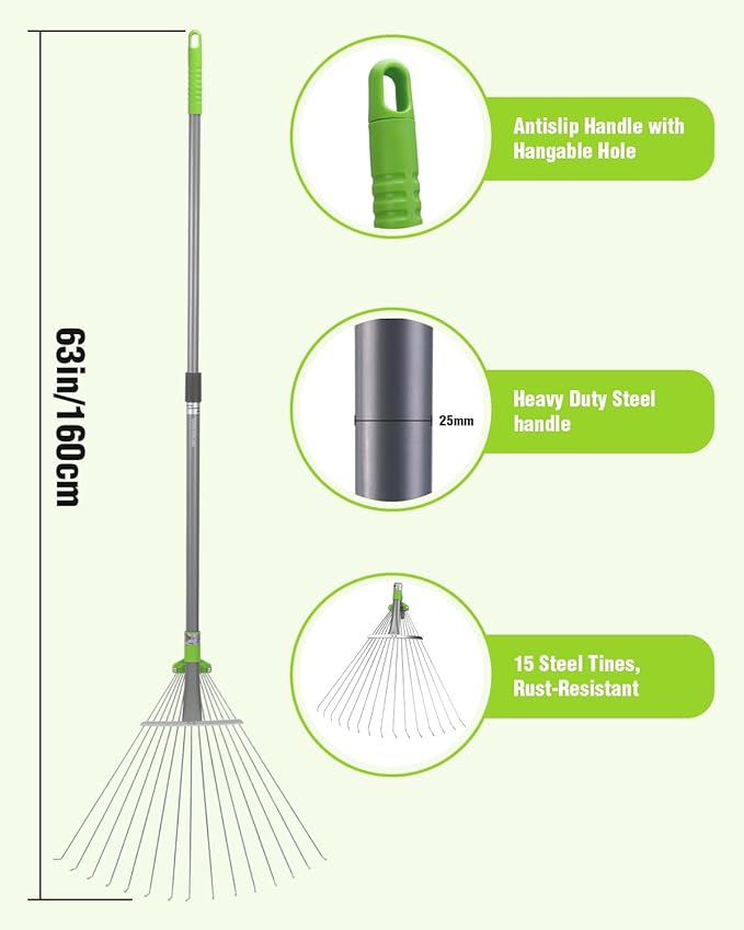 WORKPRO Leaf Rake for Gardening, Adjustable Metal Garden Rake for - Collapsible & Telescopic, Long Handle 32”- 63”, Heavy Duty Metal Rakes Tool for Garden, Yard, & Lawn