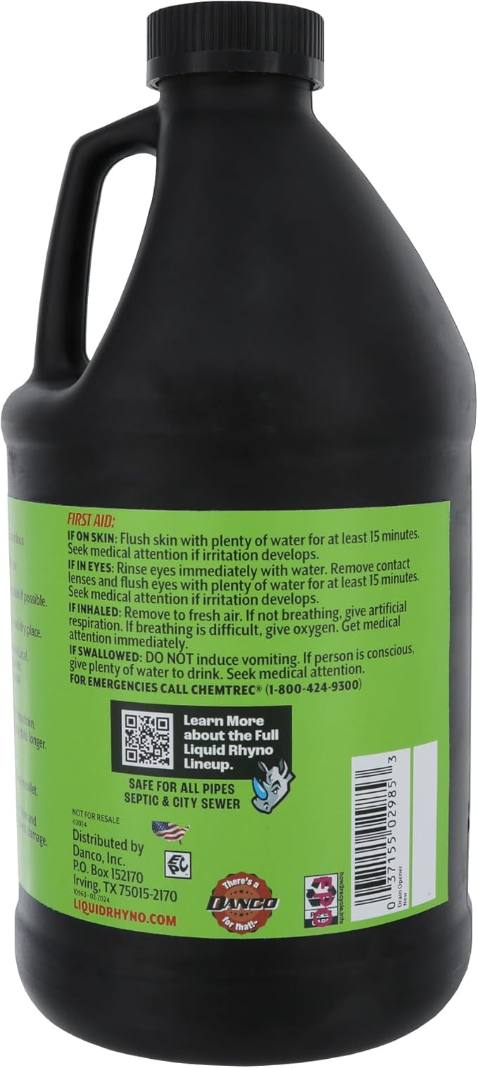 Liquid Rhyno 62 oz. Drain Opener, 2X Concentrate Hair Clog Remover for Sink, Bathtub or Shower Drains, Fast Acting Pro Strength Clears Slow-Flowing Drains, Safe for all Drain Pipes, 4 Treatments