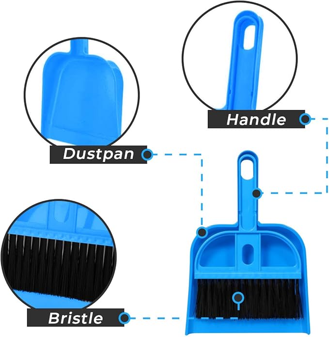 Mini Broom and Dustpan Set - Compact Cleaning Kit for Home, Car, Camping, Small Spaces, Pet Cleanup, and Travel - Durable Small Broom and Dustpan Set Mini - Blue Broom