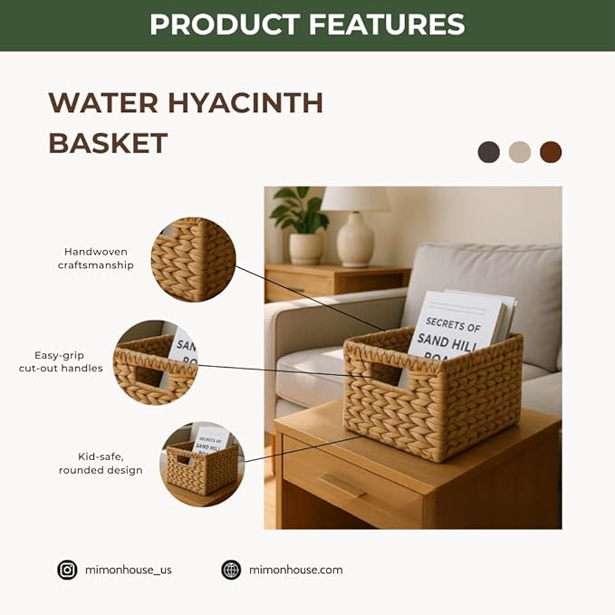 Wicker Basket For Shelves, Baskets for Organizing, Woven Storage Basket Built-in Handles for pantry, shelves, kitchen (Medium 2-Pack, Natural Water Hyacinth)