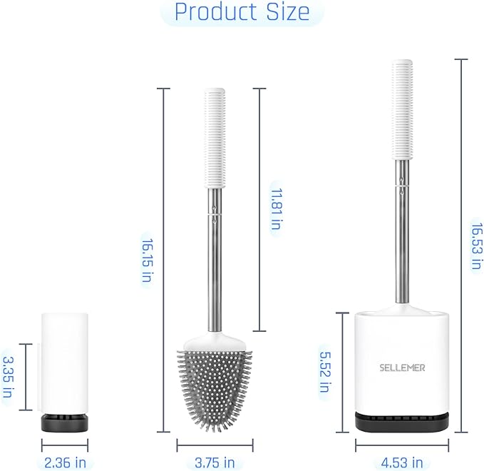 Sellemer Toilet Brush and Holder Set for Bathroom, Flexible Toilet Bowl Brush Head with Silicone Bristles, Compact Size for Storage and Organization, Ventilation Slots Base (3 Pack, White)