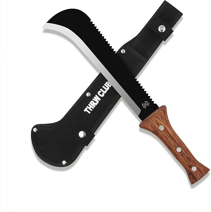 Billhook Sickle Machetes with Saw, Sharp Machete with No-Slip Wood Handle and Nylon Sheath, Sickle Survival Knife Machete for Gardening, Camping, Hunting, Survival, Bushcraft and Yard Work