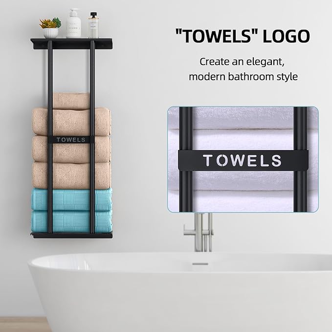 STWWO Towel Racks for Bathroom, Bathroom Towel Storage Wall Mounted 30 inch with Shelf Can Holds 6 Large Towels, Wall Towel Rack for Rolled Towels, Black