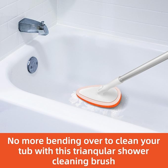 Qaestfy Bathtub Scrubber, Adjustable Long Handled Scrub Brush with 51 Inch Handle, 5 Non-Scratch Scouring Pads for Cleaning Tile Shower Bathroom Vessel Sinks Toilet Wall Floor