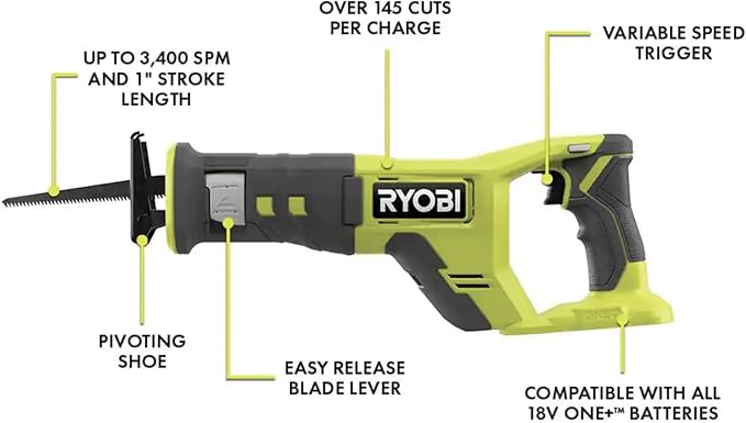 6 Power Tools Combo Kit Bundle with Buho Tool Bag, and Holster, 6 Ryobi Tools, 2 Batteries, Charger, and 40 Piece Drill Bit Set
