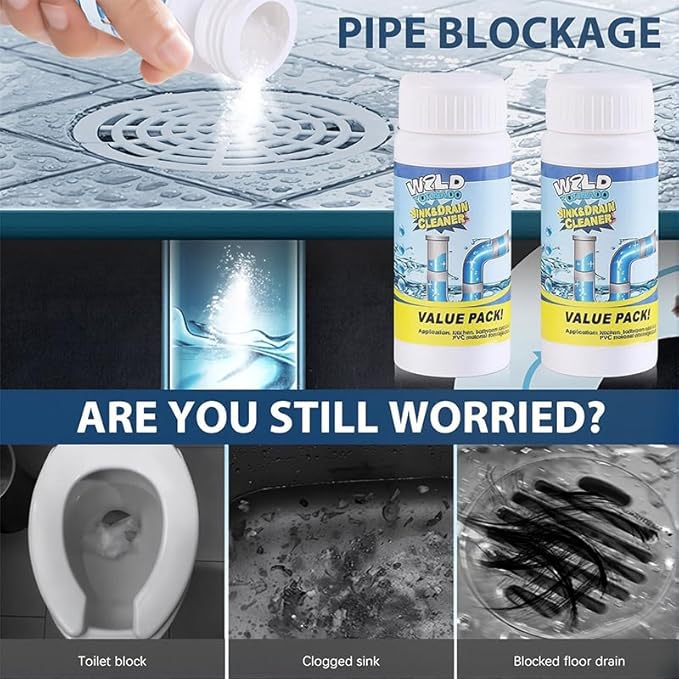 Saker Wild Sink and Drain Cleaner Powder | Rapid-Foam Fast-Acting Pipe Declogger for Kitchen, Bathroom, Toilet, Shower Drain Maintenance (2 PCS (3.88oz*2))