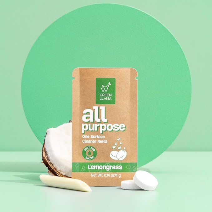 Green Llama Eco-Friendly and Sustainable All-Purpose Refill Tablets | 3-Pack | Lemon Grass Scent | Natural Cleaning Solution for Home with Certified Compostable Packaging