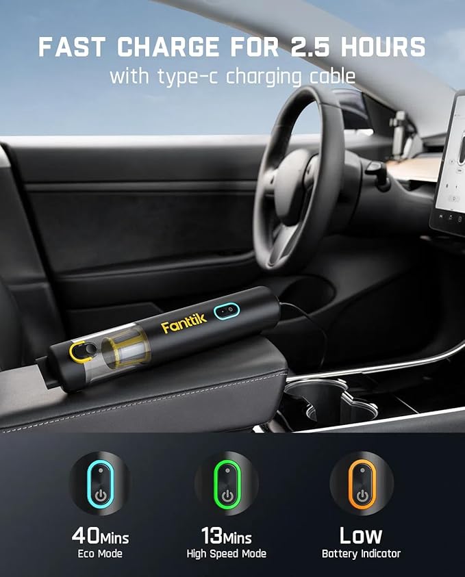 Fanttik Slim V8 APEX Car Vacuum, 4-in-1 Portable Mini Cordless Vacuum with 19000pa Suction Power, Type-C Charge, 2 Suction Modes, Handheld Vacuum for Small Jobs, Car, Office Desk, Keyboards (Black)