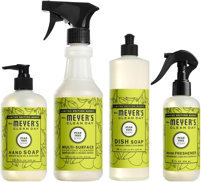 Mrs. MEYER'S CLEAN DAY Pear Tree Scent, Room Freshener 8 Fl Oz, Multi-Surface Cleaner 16 Fl Oz, Hand Soap 12.5 Fl Oz, Dish Soap 16 Fl Oz, 1 CT (Variety Pack)