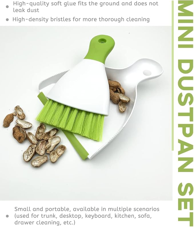 Small Hand Dust Pan and Brush - Small Broom and Dustpan Set, Mini Broom and Dustpan, Compact Dustpans and Brush for Home Cleaning, Sofa, Desk, Guinea Pig Cage, Cat Litter, etc. (Light Green)