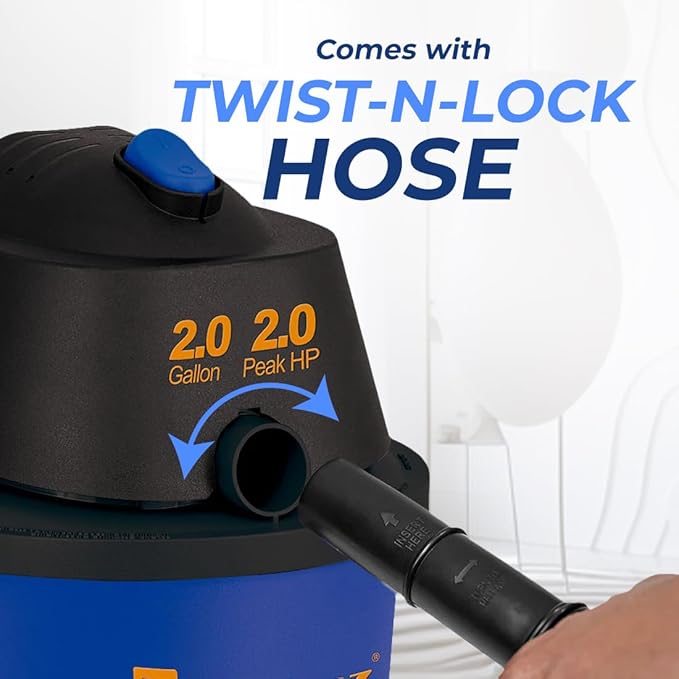 Koblenz Wet Dry Vacuum Cleaner, 2 Gallon 2.0 PHP, 60 CFM, 10 ft Reach, Twist-N-Lock Hose, Small Shop Vac, Portable Shop Vac for Home Car Garage Workshop, Accessories Included, Blue/Black, WD-2L