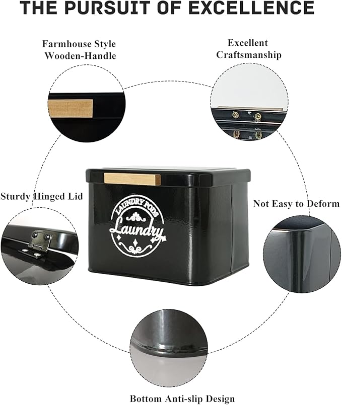 Laundry Pods Holder with Hinged Lid, Farmhouse Space-Saving Metal Container for Laundry Room Decor Organization and Storage, Detergent Dispenser for Efficient Laundry Room Use-Black