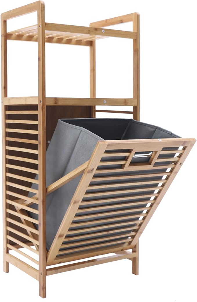 LOYALHEARTDY 37.4'' Tilt Out Laundry Hamper, 2-Tier Bamboo Laundry Hamper Cabinet Floor Stand Bathroom Storage Shelf Cabinet Clothes Organizer Laundry Shelf for Laundry Room Bathroom Bedroom