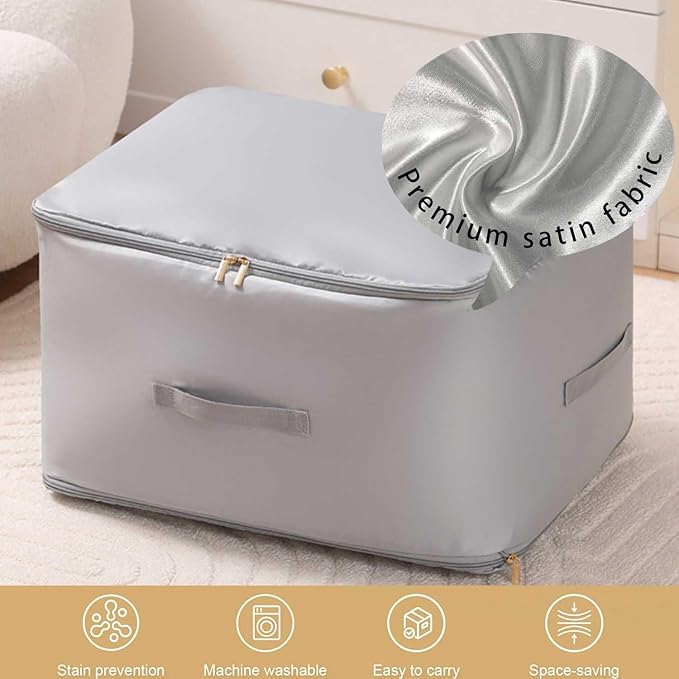 Ultra Space Saving Self Compression Organizer, 3-Layer Zipper Large Capacity Blanket Bags, Thickend Satin Fabric Comforter Storage Bag for Comforters, Clothes, Blankets (X-Large, Gray, 2PCS)