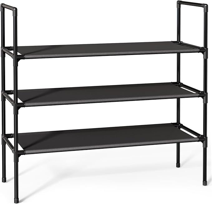Sakugi Shoe Rack with Non-Woven Fabric - 3-Tier Shoe Organizer for Closet, Garage, Corridor & Entryway, Sturdy and Stackable, X-Large, Black
