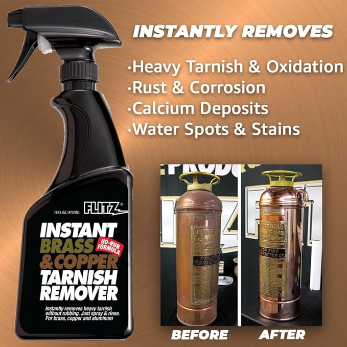 Flitz Instant Brass and Copper Tarnish Remover - 16oz Bottle of USA-Made Organic Rust Remover Spray (No-Rub) - Removes Stains & Oxidation from Glass & Aluminum - Brass Cleaners That Work (12 Pack)
