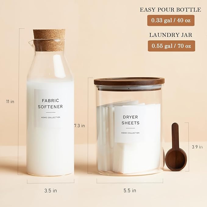 Glass Laundry Storage Containers Set, 4 Pack Liquid Detergent Dispenser with Cork Lid & Laundry Room Organization Jar with Acacia Lid, Fabric Softener Dispenser Bottles and Powder Detergent Organizer