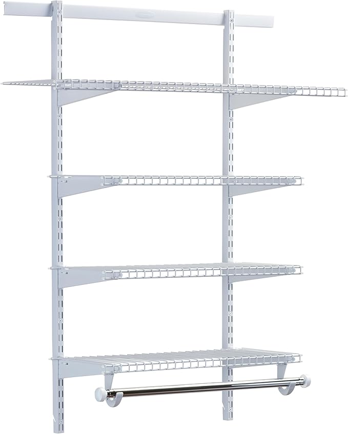 Rubbermaid Configurations Deluxe Custom Closet Kit 3-6 Ft. Adjustable Metal Wire Shelving White Finish Expandable Organization System Hardware Included for Home Closet/Pantry/Laundry/Mudroom