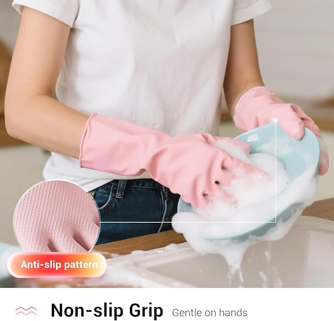 ThxToms 4 Pairs Reusable Rubber Gloves, 13" Natural Latex, 10mil Thick Heavy Duty Dishwashing & Cleaning Gloves, Non-Slip Grip, Multi-Color, Ideal for Kitchen, Bathroom, Car, & Garden Cleaning, Small