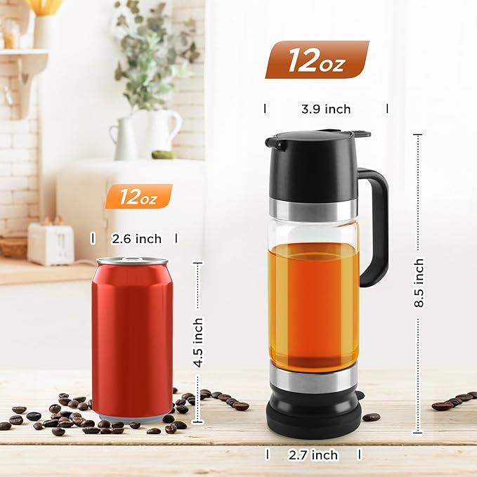 Aelga Coffee Syrup Dispenser, Honey Dispenser, 12 OZ Glass Syrup Bottles with Handle, No Drip Pouring, Coffee Bar Accessories for Coffee and Tea, Black 2 Pack