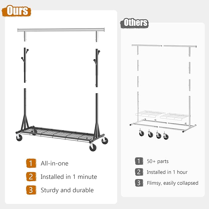 Gewudraw Garment Rack Load 530lbs,Heavy Duty Rolling Clothes Rack With Sturdy Wheel And Shelves, Adjustable Portable Hanging Rack For Clothes, Chrome Stainless Steel, Black