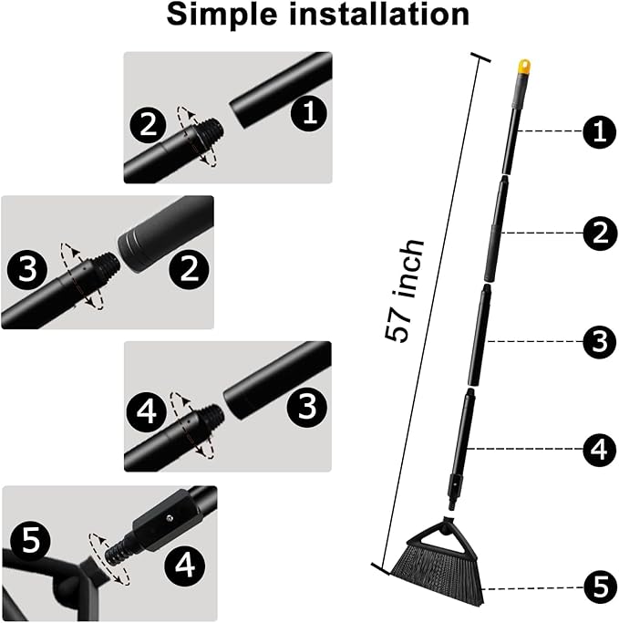 4PCS Heavy Duty Broom, Broom for Sweeeping Indoor and Outdoor, Angle Broom with Long Pole, Outdoor Broom for Courtyard/Garages/Slidewalk, Indoor Broom for Kitchen Lobby Canteen Black