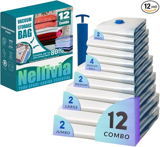 12 Pack Vacuum Storage Bags with Hand Pump, Compression Space Saver for Comforter, Bedding, Blanket Storage, Vacuum Seal Bags for Clothing, Travel Luggage Suitcase and Closet Organizer