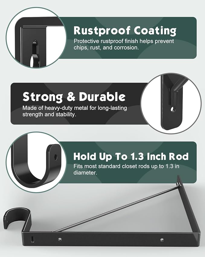 Supforce 6 Pack Closet Rod Bracket, Heavy Duty Closet Rod Support with Rod Holder, Wall Mounted Closet Shelf Brackets with Triangle Stabilizing Design for Closet, Bathroom and Kitchen, Black