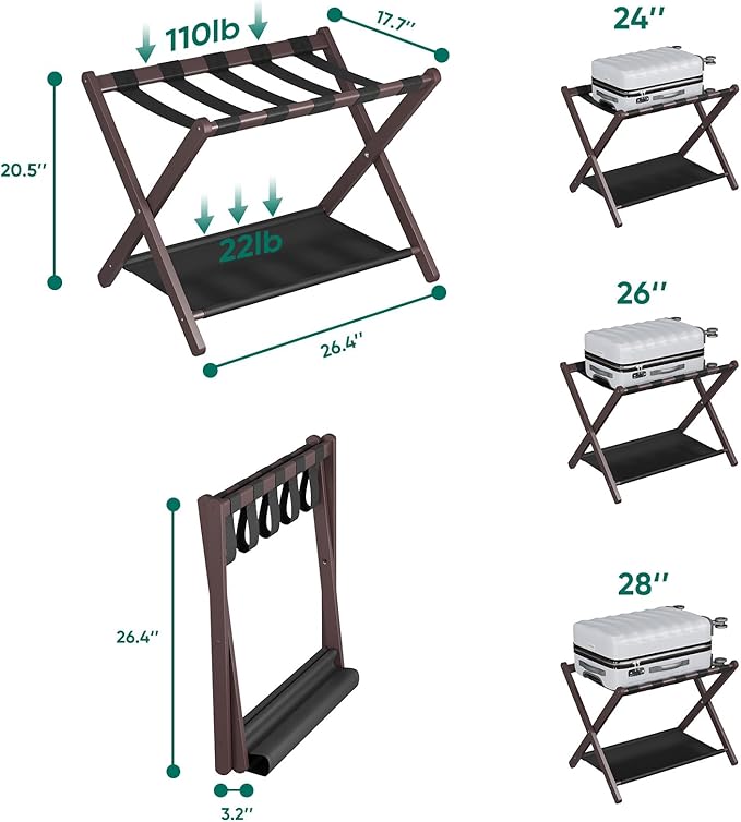 Smuxee Brown Bamboo Luggage Rack Pack of 2, Foldable Suitcase Stand with Storage Shelf, Easily Assembled Luggage Stand with 5 Nylon Straps for Guest Room Bedroom Hotel